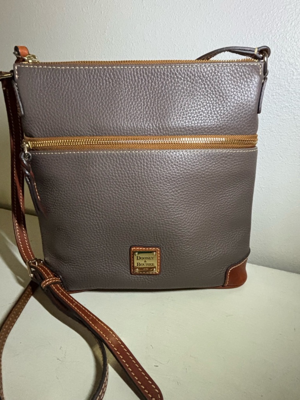Dooney & Bourke Pebbled Leather Crossbody in Taupe with Brown Accent